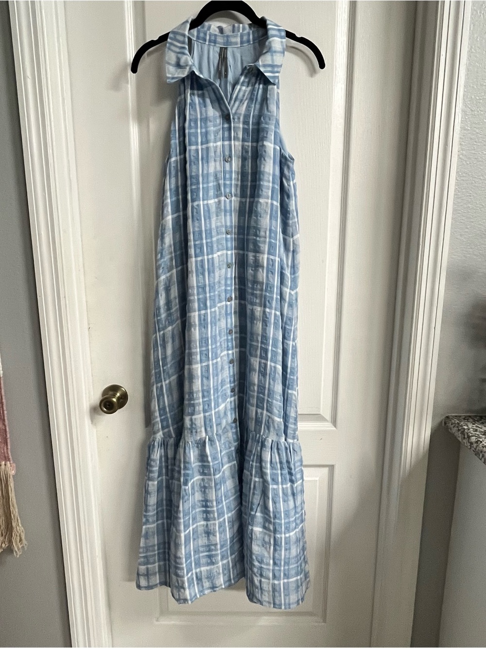 Anthropologie Blue and White Plaid Maxi Dress